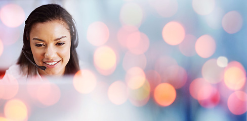 Image showing Happy woman, call center and headphones on bokeh background in customer service or telemarketing at office. Female person, consultant or agent smile in online advice, contact us or virtual assistance