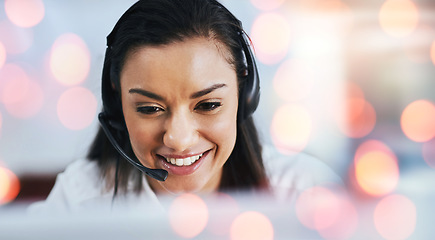 Image showing Customer service, woman and headset with smile or communication, bokeh and overlay in mockup. Happy agent, contact us and call centre or faq, support and telemarketing or crm, consulting at help desk