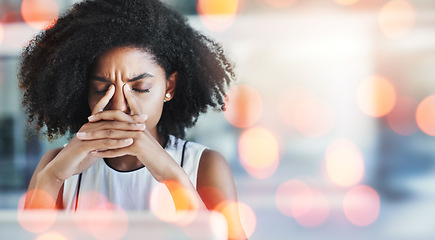 Image showing Woman, depression and headache in office for project failure, worry and stress at work with burnout. Young professional worker, accountant and thinking on deadline, audit review and bokeh close up