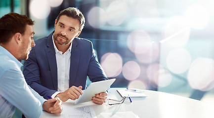 Image showing Business, men and feedback with tablet, typing and connection with internet, brainstorming or planning. People, employee or manager with technology, cooperation or email notification with network