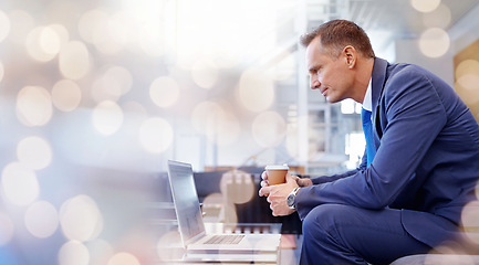 Image showing Businessman, laptop and reading email with coffee for networking, planning or research in office with bokeh. Professional, employee and person with pc for technology, communication or internet at job