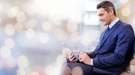 Image showing Business, man and banner with tablet, thinking and connection with investment, website information or economy. Person, employee or consultant with technology, search internet or investment with email