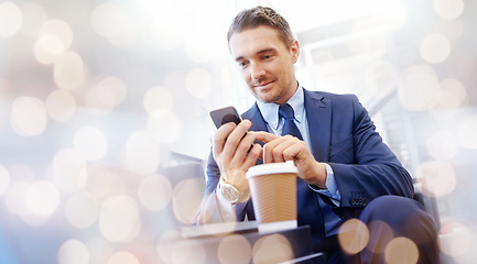 Image showing Businessman, phone and typing email, networking and conversation for corporate, research and coffee in office with bokeh. Professional, employee and person with smartphone for web or communication