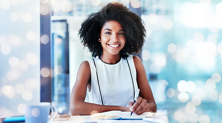 Image showing Banner, business and black woman with notebook, portrait and smile with overlay, planning and brainstorming. Face, African person and happy employee with creativity, writing and schedule with ideas