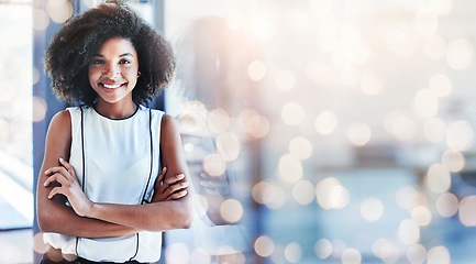 Image showing Black woman, arms crossed and office portrait with a smile from business consultant work with mockup space. Confidence, entrepreneur and professional from New York happy from startup by window bokeh
