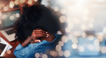 Image showing Woman, neck pain and massage muscle, work stress or burnout with fibromyalgia or health issue, banner and bokeh. Back, spine injury and overworked, anxiety about business with mockup space and crisis