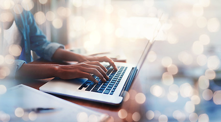 Image showing Closeup, hands and laptop in mock up for bokeh, overlay and banner for digital marketing, website or programming. Young, business woman or worker with development in software, analytics or research