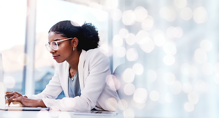 Image showing Business, thinking and woman with a laptop, ideas and typing with network, brainstorming and internet with banner. Person, worker and employee with bokeh, pc and connection with email and opportunity