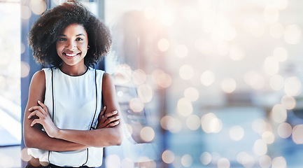 Image showing Black woman, arms crossed and lawyer portrait with smile from law consultant work with mockup space. Confidence, female entrepreneur and professional from New York happy from startup by window bokeh