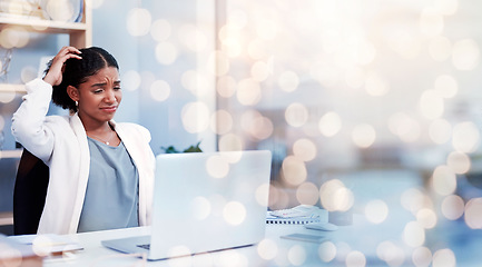 Image showing Laptop, confused and a business woman on double exposure space for problem solving a mistake or fail. Computer, stress and a young professional employee in doubt while working on a corporate report