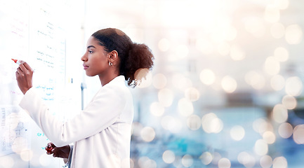 Image showing Doctor, woman and writing on whiteboard, healthcare banner with bokeh and brainstorming ideas for surgery. Innovation, surgeon and hospital schedule with notes on board, planning with mockup space