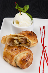 Image showing Apple strudel with vanilla ice cream