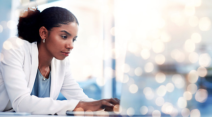 Image showing Business woman, laptop and typing on bokeh background for financial planning or accounting at office. Serious female person, employee or accountant working on computer for budget plan at workplace