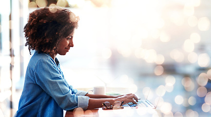 Image showing Banner, thinking and woman with a laptop, business and typing with network, creative and internet. Person, worker and employee with bokeh, pc and connection with website information, email and ideas