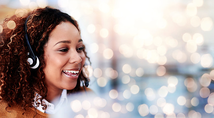 Image showing Happy woman, call center and headphones on bokeh background in customer support or help at office. Friendly female person, consultant or agent smile in online advice, contact us or virtual assistance