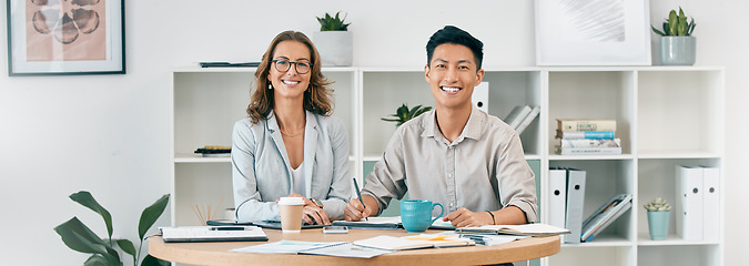 Image showing Portrait, teamwork and business people planning strategy in office. Collaboration, cooperation or man and woman sitting together at desk writing report, sales proposal or working on marketing project