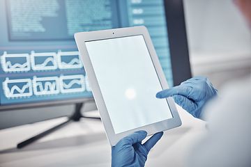 Image showing Doctor, science or hands on tablet with mockup space for marketing, advertising or product placement in a laboratory. Zoom, digital or scientist working on research on white screen for innovation