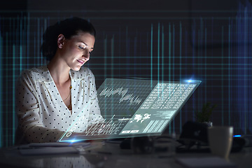 Image showing Holographic, tablet or woman trading on stock market, forex or cryptocurrency for investment growth at night. Digital, finance or trader working on data analysis with chart analytics on ai database