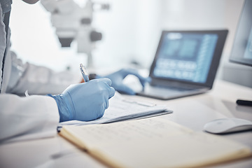 Image showing Science, research and hands in lab with notebook and computer on scientific analysis. Experiment, internet and analytics, scientist in laboratory with data, vision and future in medical innovation.