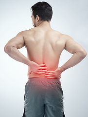 Image showing Injury, back pain or man in studio with spine or hurt body problem after training isolated on studio background. Back view, red glow or person with muscle tension, body crisis or emergency accident