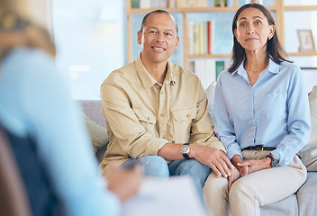 Image showing Couple, marriage therapy and relax on sofa together for counseling, psychologist conversation and mental health or trust. Consulting support, smile and happy man with woman at therapist listening