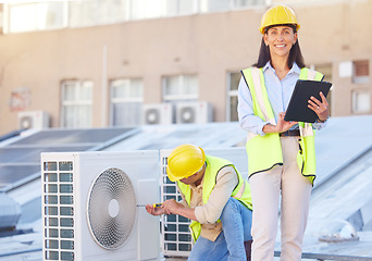 Image showing Air conditioner, building maintenance and teamwork with tablet, smile and development with engineer team. Engineering man, repair woman and digital tech in portrait with collaboration for ac repair