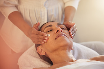 Image showing Woman massage with therapist hands, facial and reiki, peace and balance with cosmetic luxury service at wellness spa. Skincare, beauty and self care with stress relief, zen and calm with masseuse.