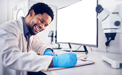 Image showing Mockup, science and black man with computer, research and typing for data analysis, healthcare and cure. Medical professional, researcher and Nigerian scientist with focus, online search and digital.