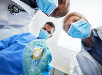 Image showing Group, doctor and surgery with anesthesia, below and hospital theater for wellness, health and innovation. Doctors, teamwork or nurse with medical safety mask, help and clinic service in Los Angeles