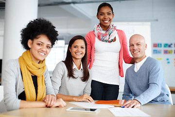 Image showing Portrait, business people and meeting in office for finance, planning and growth analysis by happy team. Diversity, collaboration and trust by colleagues in business meeting for vision, sale and chat