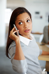 Image showing Business woman, phone call and listening to digital marketing ideas, advertising strategy or brand planning innovation. Talking designer, worker or employee on mobile communication office technology