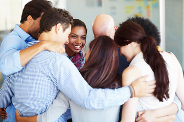 Image showing Team building, huddle and business people in trust circle for support, collaboration and planning in office. Work, friends and hug by team with diversity in meeting for goal, vision and startup plan