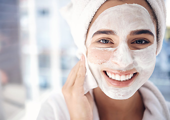 Image showing Skincare, facial and portrait of woman in a bathroom for cleaning, beauty and grooming closeup in her home. Face, girl and skin product mask for exfoliate, scrub and hygiene, routine and wellness