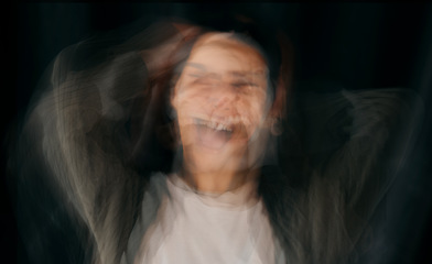 Image showing Depression, bipolar and blur face of woman in studio on black background for mental health problems. Psychology, schizophrenia and depressed girl with anxiety, confusion and suffering identity crisis