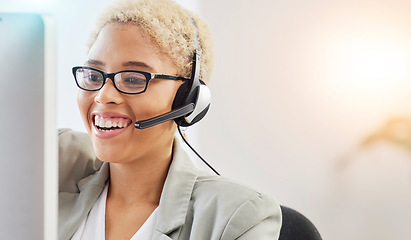 Image showing Happy call center, CRM or customer service woman for success telemarketing, communication or networking mockup. Smile, consultant face or sales advisor for help, support or contact us on computer