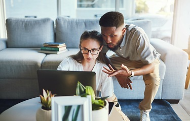 Image showing Collaboration, elearning and students working on laptop in the living room of their house with technology. Interracial, couple and people planning a distance learning university project with computer