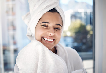 Image showing Woman, spa and happy portrait smile for hygiene, wash or beauty skincare or cosmetic bathroom wellness treatment. Shower, face smiling with teeth in happiness or makeup for facial or luxury health