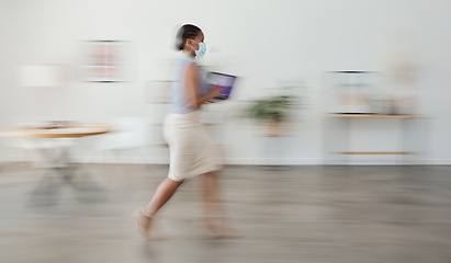 Image showing Woman, fast walking and mask in office, working or businesswoman in workplace. Corporate employee, covid social distancing and black woman speed walk for workforce or busy agency manager commitment