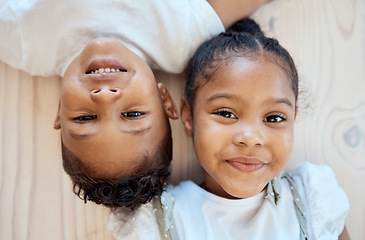 Image showing Family friends, smile and children portrait of siblings with happiness, bonding and love at home. Faces of happy kids together above view of brother and sister care and young friendship in house