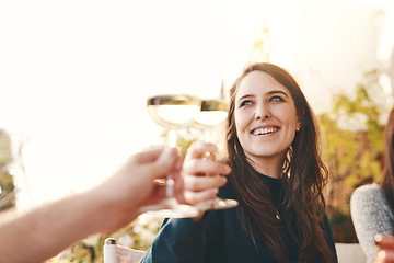 Image showing Wine, happy and woman toast in celebration at a party with friends in outdoor restaurant on holiday. Smile, cheers and girl drinking champagne enjoying quality time in summer on vacation in Berlin