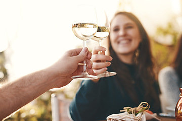 Image showing Toast, glass and wine with couple hands with love, happiness and bonding at dinner together in summer. Happy celebration, woman and man with wine glass at party, restaurant or lunch in Marseille