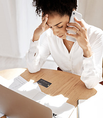 Image showing Black woman, phone call and credit card for debt, frustrated with bills and at desk with laptop. African American female, upset lady or cellphone for connection, communication or payment query stress