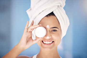 Image showing Skincare, facial cream and portrait of woman with skincare products, beauty products and cosmetics on face. Dermatology, spa wellness and girl holding mockup container with lotion treatment for skin