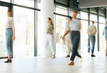 Image showing Office walking, business and team with moving speed in a office ready for morning working. Corporate worker, company employee group and staff walk together with a blur, action and fast workplace