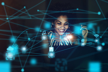 Image showing Black woman, cloud computing or hologram futuristic 5g UX tech for networking, analytics or big data strategy. Business network, iot or data analysis computer AI for big data or social media app