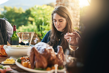 Image showing Family, food and prayer at table, hand holding and praying before sharing meal on patio, blessing and gratitude. Pray, hands and woman in thanksgiving grace before eating lunch with friends outdoor