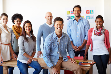 Image showing Portrait, team and business people in office for meeting, idea and brainstorming for marketing project, happy and unity. Collaboration, teamwork and partnership by group of leader, diversity and goal