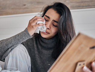 Image showing Crying, frame and woman with tissue, sad and upset for loss for difficult day. Mental health, young female or girl with tears for depression and grief for death, frustrated or problems after breakup