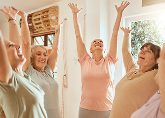 Image showing Fitness, success and senior women with their hands up in celebration after yoga or pilates training class. Smile, teamwork and happy elderly friends celebrate wellness goals or target in retirement