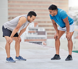 Image showing Fitness, exercise and friends talking on rooftop, comic joke and laughing together. Healthcare, happy and communication or discussion of men outdoors in city with smile after training for wellness.